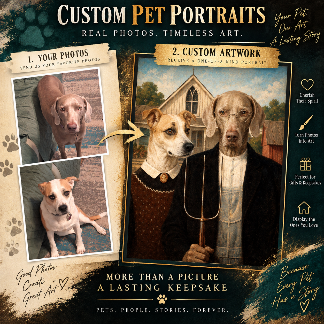 Two customer dog photos transformed into a farm-themed keepsake portrait